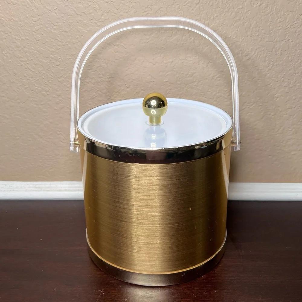 Vintage 1970's Brushed Gold Ice Bucket, Collectible Barware, Midcentury Mod Deco